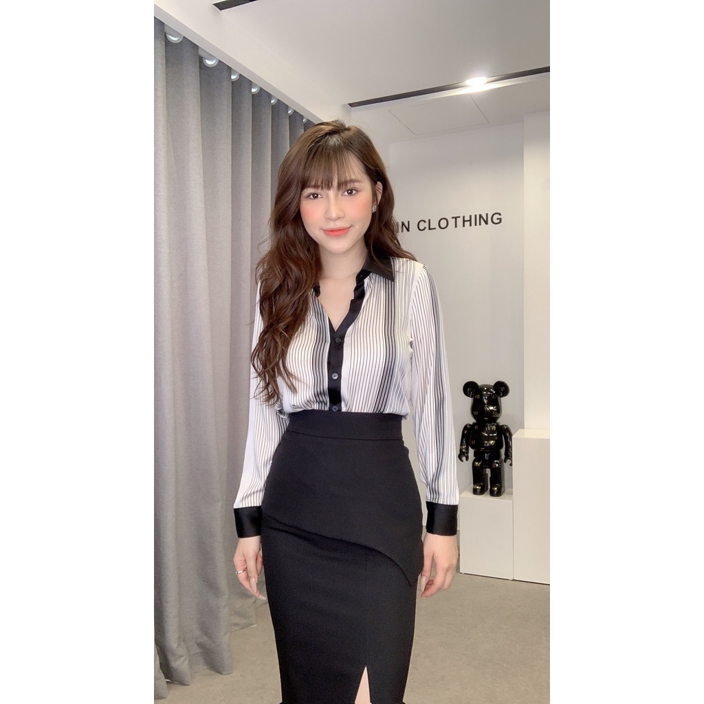 Chân váy công sở chất vải mango màu đen thiết kế xẻ trước trẻ trung, mặc tôn dáng Liin Clothing J4388