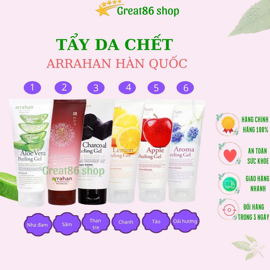 Tẩy da chết great86 tẩy tế bào chết Arrahan Hàn Quốc 180ml chiết xuất từ thiên nhiên giúp trắng da
