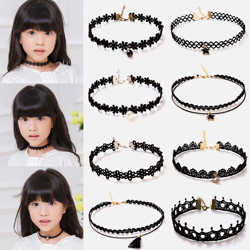 Vòng cổ choker ren nhiều lớp màu đen phối khóa xinh xắn thời trang Hàn Quốc cho bé gái