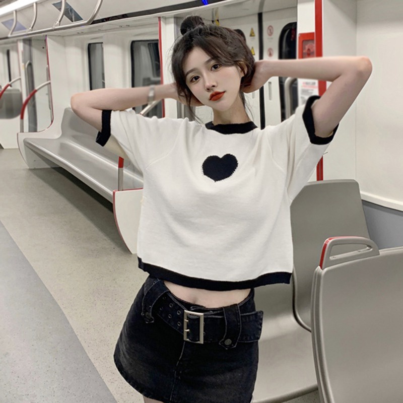 Áo Croptop Dệt Kim Tay Ngắn Thoáng Khí Thoải Mái Phong Cách Hàn Quốc Cho Nữ