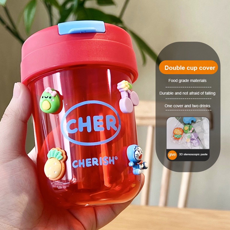 Bình Nước 330ml Mini Bằng Nhựa Có Ống Hút Họa Tiết Dễ Thương Cho Bé