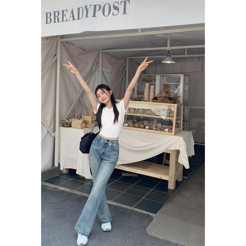 Quần Jeans Ống Loe Hai Nút Dáng Rộng Lưng Cao Thời Trang Cá Tính 62985