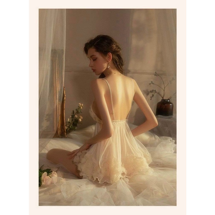 Váy ngủ 2 dây Embra ren lưới đính hoa hồng tiểu thư EBV28