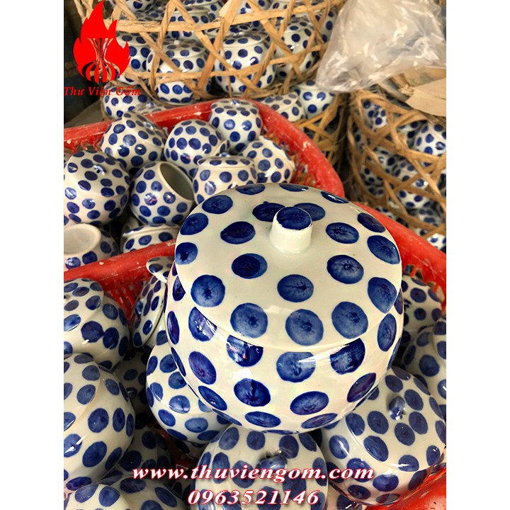 Hũ đựng ga vị, mỡ và mẻ bằng sứ  Bát Tràng  chấm bi xanh | BigBuy360 - bigbuy360.vn