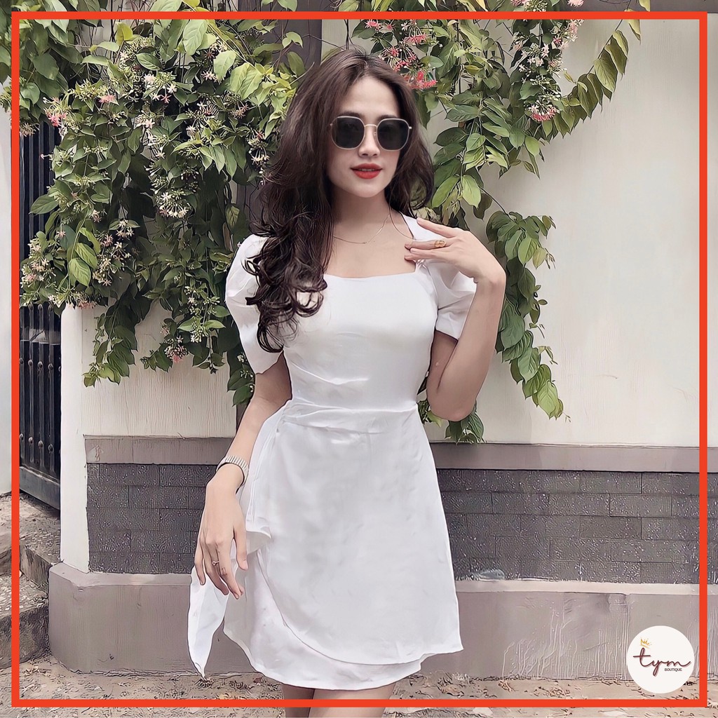 Đầm lụa satin cổ vuông tay phồng, gấp nếp hông xoắn eo tôn dáng, kèm mút | Free size (40-55kg) | - TYM11 | BigBuy360 - bigbuy360.vn