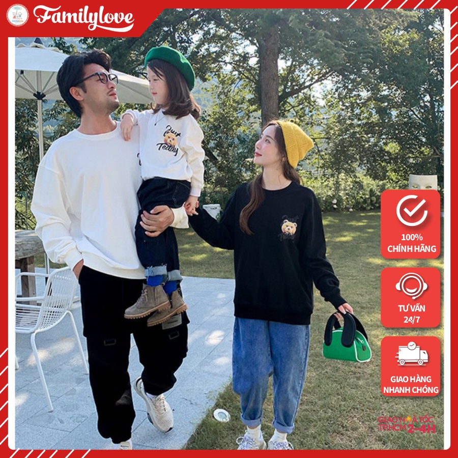 Áo Sweater Gia Đình Familylove - Mẫu Áo Gia Đình Sweater Dài Tay Chú Gấu Just Relax Chất Nỉ Da Cá Cotton 100%