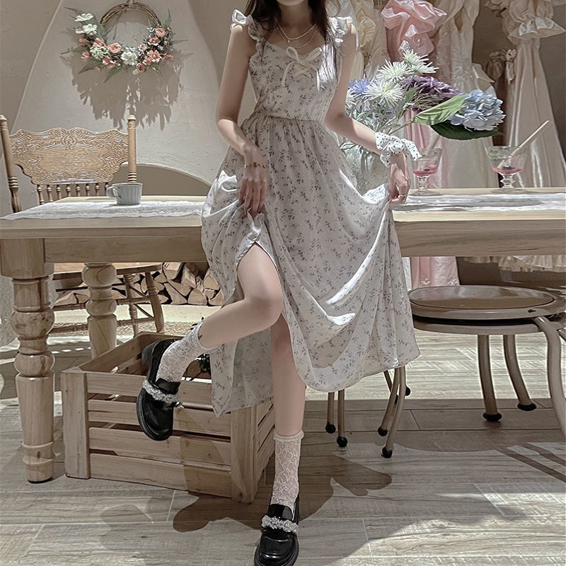French cream first love pure broken flower dress 2022 summer gentle wind halter skirt fairy