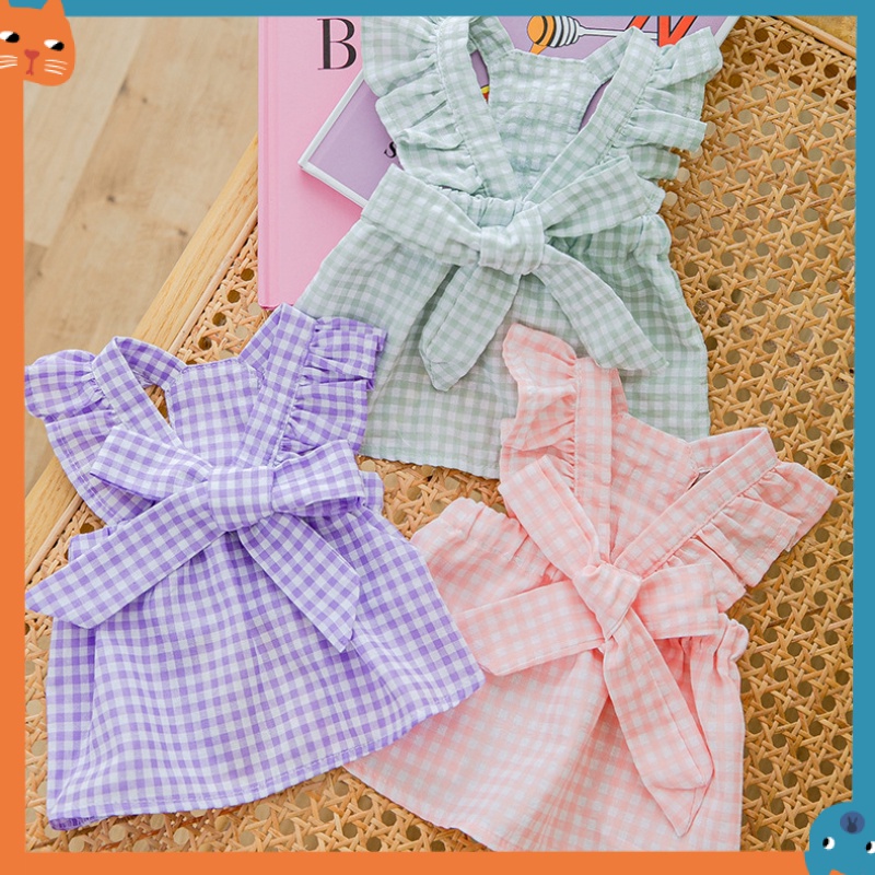 Đầm Hai Dây Họa Tiết Sọc Caro Đính Nơ Cỡ Lớn Thời Trang Mùa Hè Xinh Xắn Cho Thú Cưng