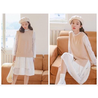 (SẴN S) Set Váy Ren Trắng Áo Gile Len