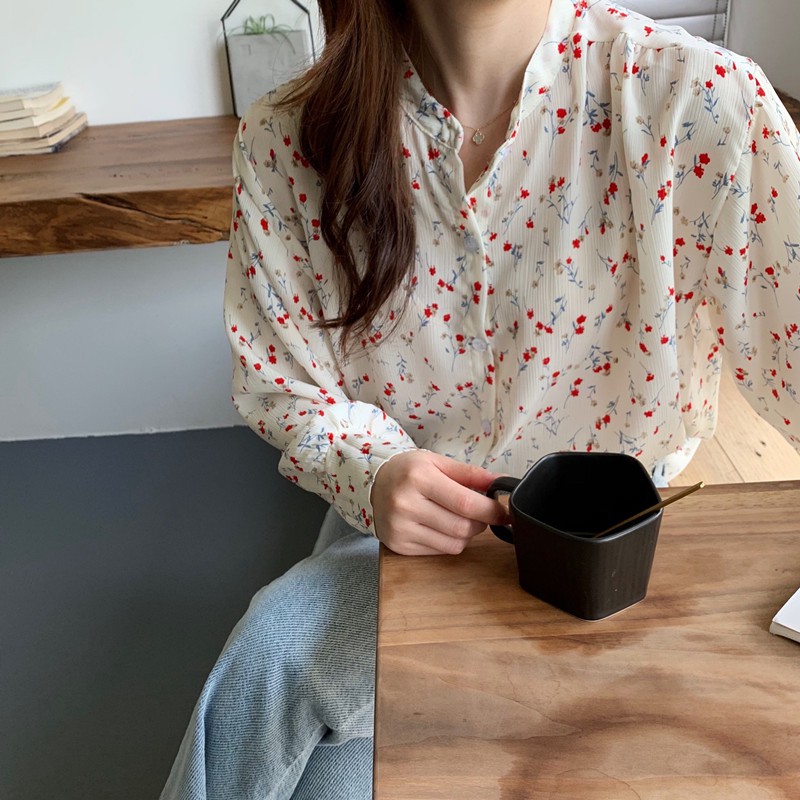 LEEVA - Áo voan trắng tay bo nút gài A075