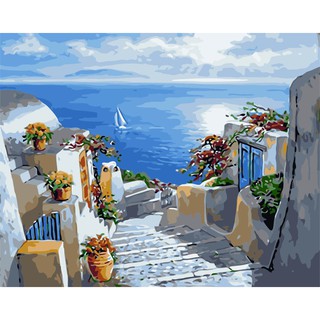 Tranh sơn dầu số hóa tự tô màu theo số có khung (40*50cm) - [636] BIỆT THỰ VIEW BIỂN