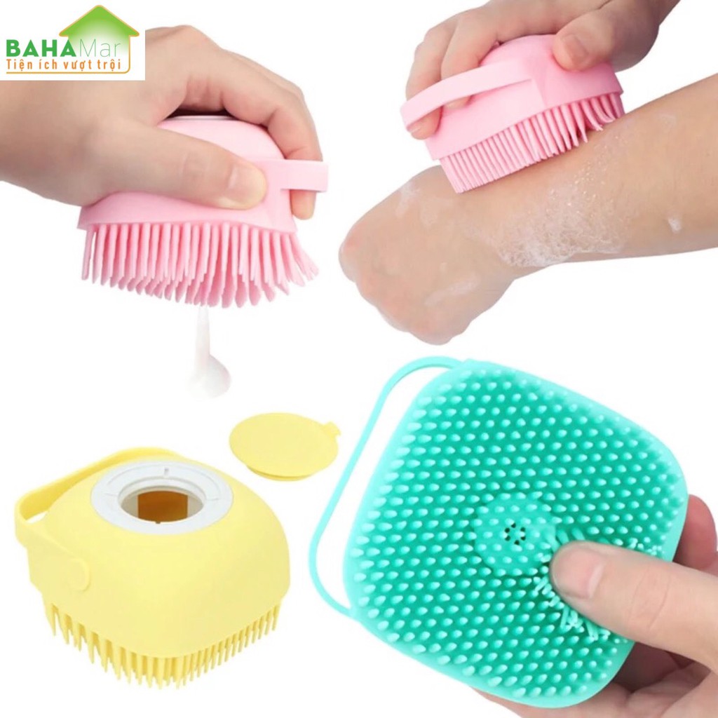 BÀN CHẢI TẮM SILICONE MỀM MASSAGE TẨY DA CHẾT CÓ NGĂN CHỨA SỮA TẮM "BAHAMAR" Sữa tắm được kiểm soát bằng cách ép tay