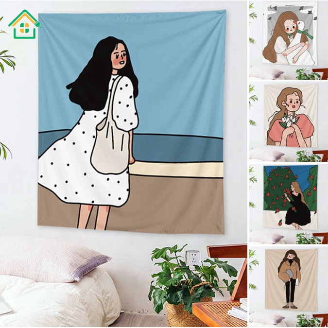 Thảm Treo Tường Trang Trí Hình Cô Gái Xinh Xắn