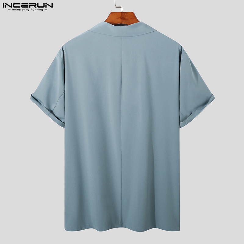 Áo sơ mi INCERUN tay ngắn màu trơn cổ bẻ phối khóa kéo thời trang mùa hè cho nam