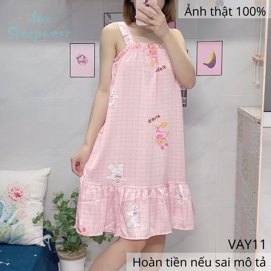 Váy Ngủ 2 Dây Hình Thỏ Rabbit Dễ Thương Chất Satin Mát Lạnh - Awi Sleepwear
