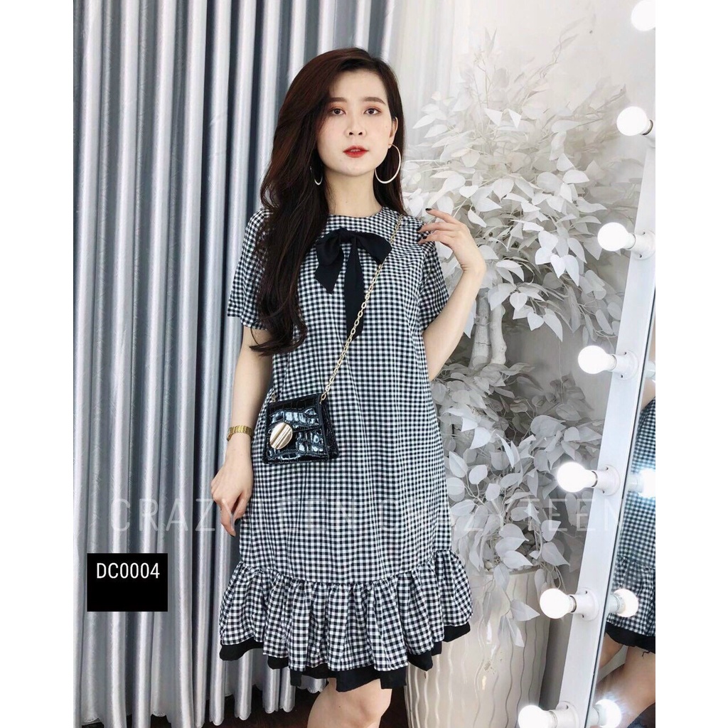 Đầm caro dáng xuông đuôi cá bèo cột nơ cổ đen, đầm tiểu thư tay ngắn bèo mặc nhà đi chơi dễ thương