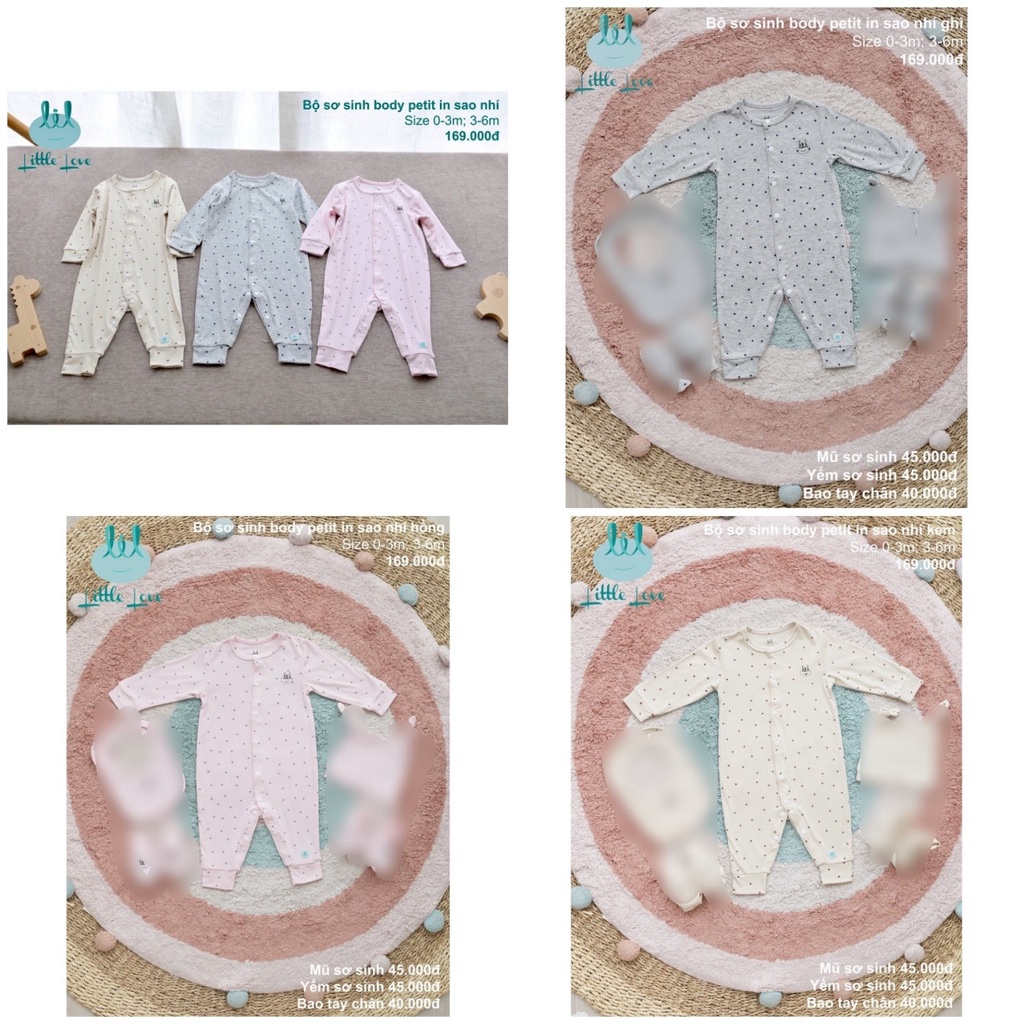 Bộ Body dài tay sơ sinh cúc lệch vải pettit siêu mềm Little Love cho bé trai/ bé gái (sale)