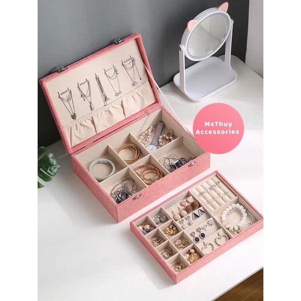 Hộp đựng trang sức bọc nhung 2 ngăn cao cấp size lớn