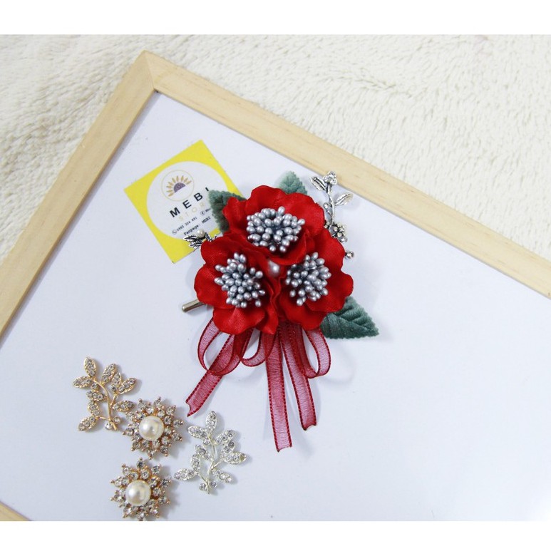 (Ảnh thật 100%) Hoa cài áo handmade mẫu hoa rb chùm 3 bông mix ruy băng voan siêu xinh