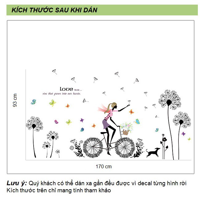 Decal dán tường Cô gái và hoa bồ công anh đen AmyShop DKN109 (93 x 170 cm)