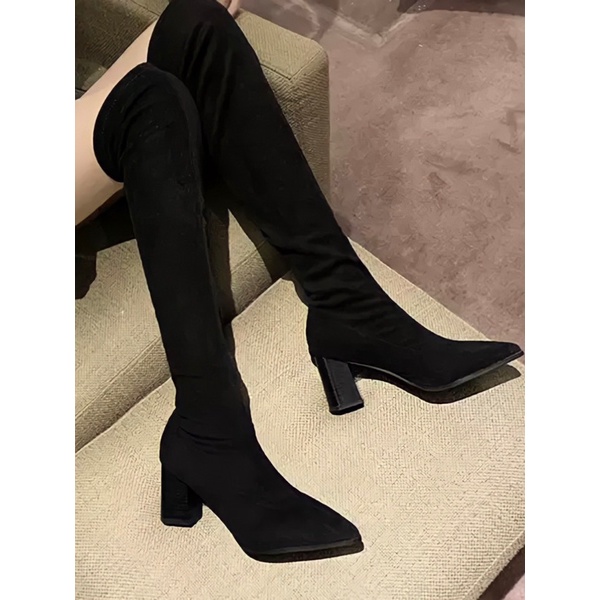 Bốt đùi da nữ lót lông YIMI gót vuông 7 phân không có khóa kéo