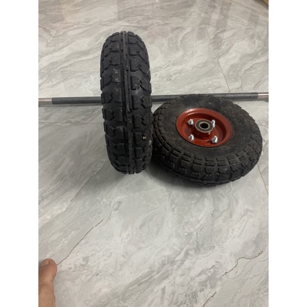 Combo hai bánh xe 25cm kèm trục dùng cho xe kéo hàng, đẩy hàng