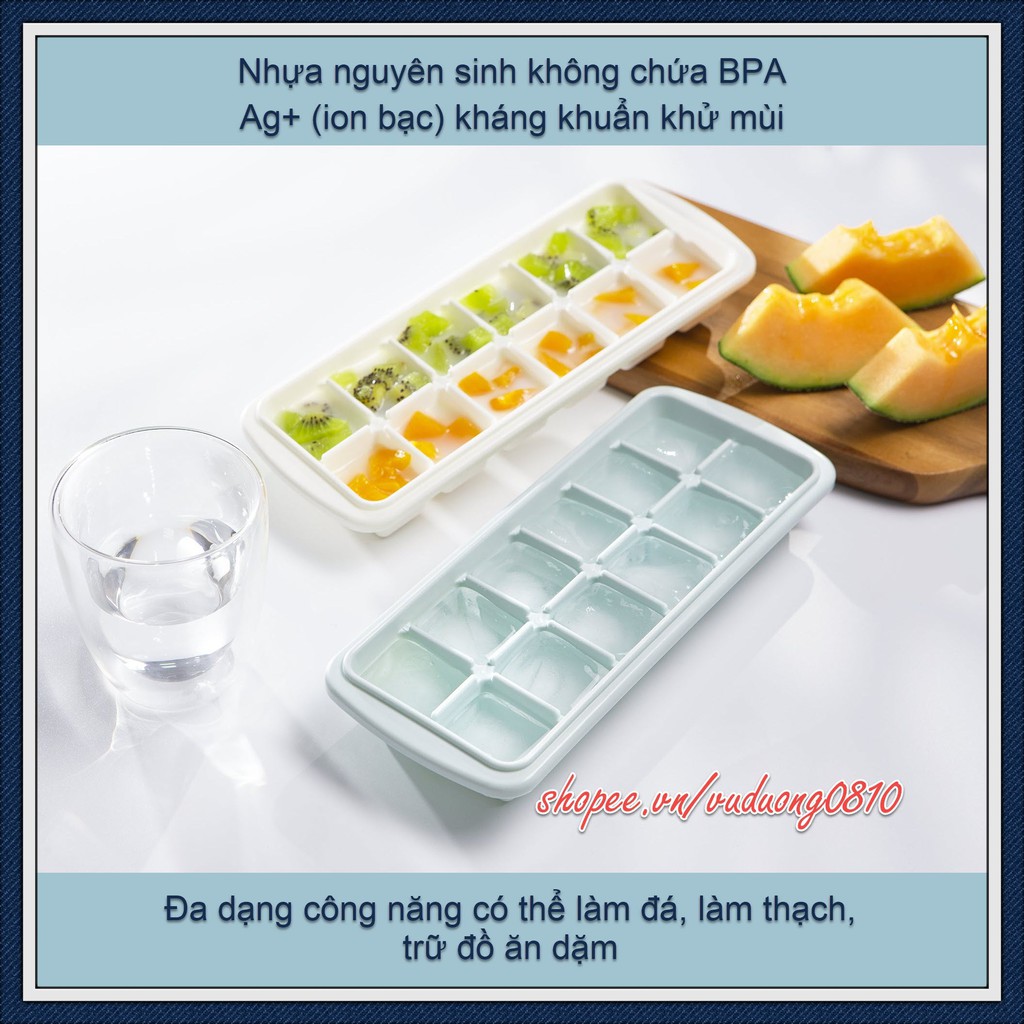 Khay làm đá vuông Inochi 12 viên (có nắp) - khay trữ đồ ăn dặm, BPA free