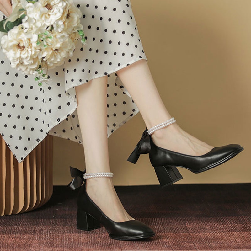 QiaoYiLuo Giày cao gót mũi vuông thiết kế mới phong cách Pháp thời trang xinh xắn cho nữ