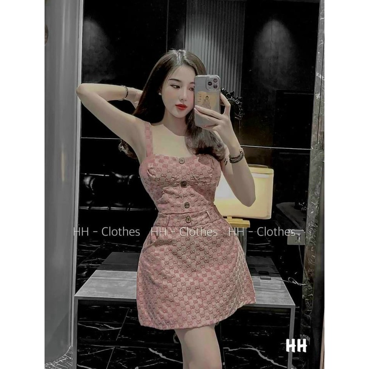 Đầm xòe phối họa tiết caro 2 dây cài nút ngực chất liệu for thời trang nữ trẻ trung năng động