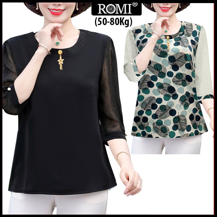 ROMI - Áo Trung Niên Kiểu U50-60 Bigsize Dành Tặng Mẹ Dạng Áo Sơ Mi Xếp Ly Tay Loe Cổ Nhún Bèo Cột Nơ 3A22 3A21