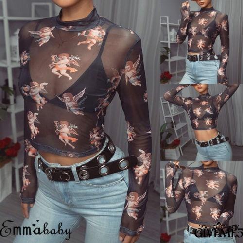 Áo croptop lưới tay dài in hình thiên thần cho nữ
