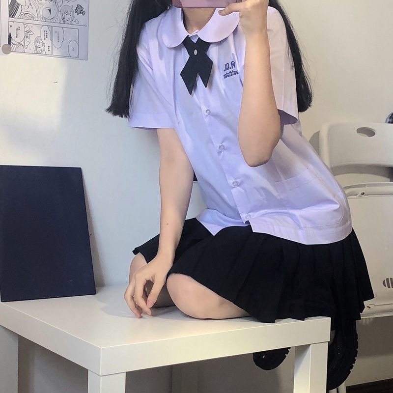 Thailand School Uniform round NeckjkUniform Student Light Purple Short-Sleeved Shirt First Love Xiaoshui Same Style Shirt College Style Female【5Month12Day After】