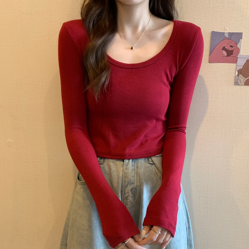 IELGY    Áo Thun Tay Dài Cổ Chữ U Dáng Ôm Thời Trang Cho Nữ