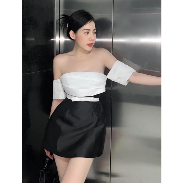 Đầm xoè trễ vai xếp ly ngực 🖤 Thelaniclothing