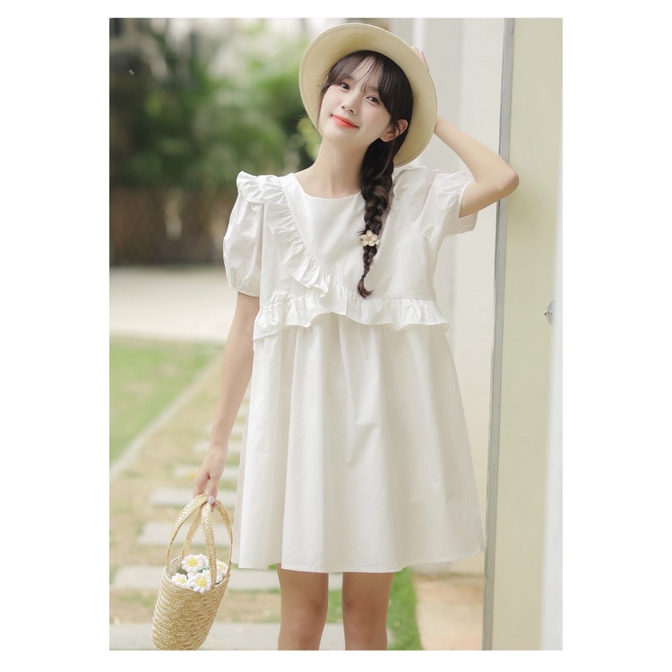 [Ảnh thật/Sẵn] Váy babydoll viền bèo vai chéo ngực dáng xòe tay bồng ulzzang