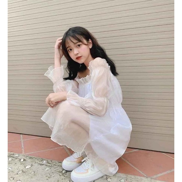 Đầm nhún eo trễ vai tơ gân 2 màu đen trắng- Wali Dress - dáng xòe xinh xắn - Freesize - Pink moon store | BigBuy360 - bigbuy360.vn