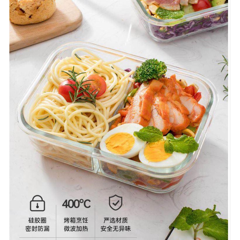 Hộp cơm thủy tinh,Hộp đựng cơm mang đi làm 2 ngăn có nắp đậy, chịu nhiệt trong lò vi sóng, dung tích 1000ml