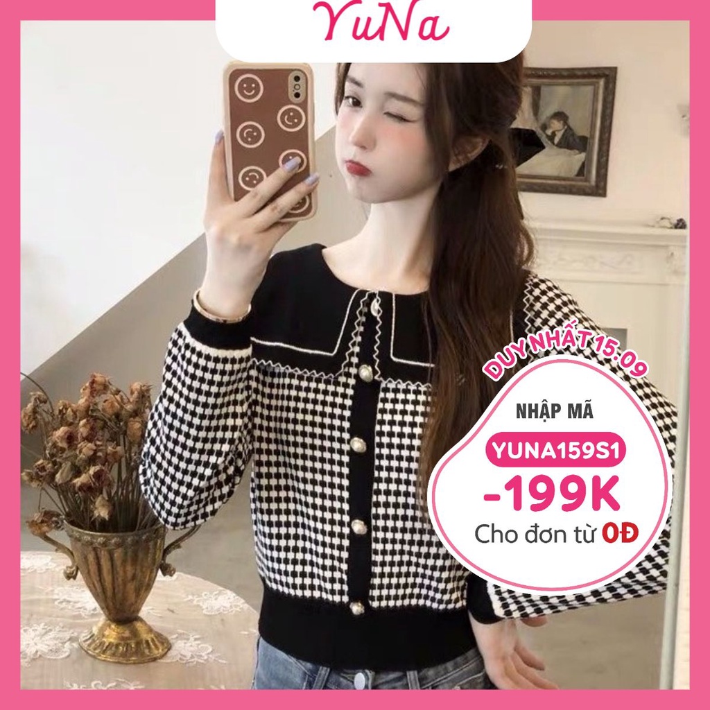 Áo len nữ Maika cổ thủy thủ dài tay họa tiết kẻ caro kiểu dáng Hàn Quốc, phụ kiện thời trang nữ YUNA