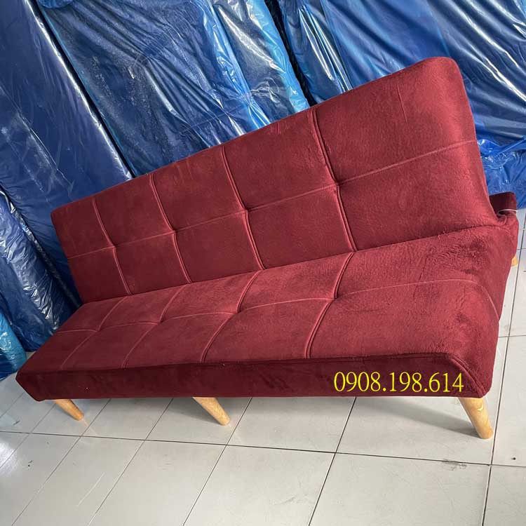 Ghế sofa Bed màu đỏ - Sofa giường vải nhung dài 1.8m chân gỗ - Salon phòng khách bọc vải màu đỏ đô