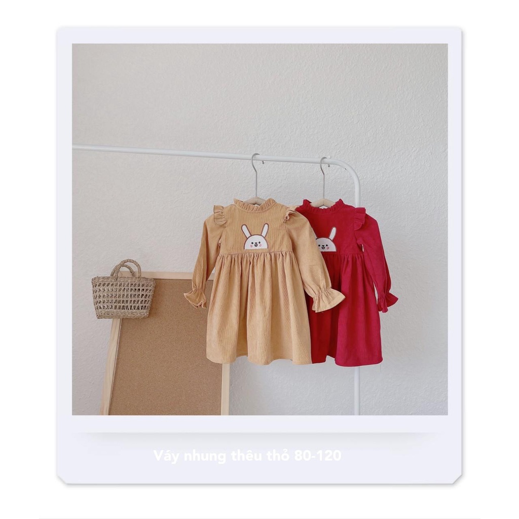 [10-21kg] Váy nhung gân dài tay thu đông cho bé 2 màu thêu thỏ đáng yêu