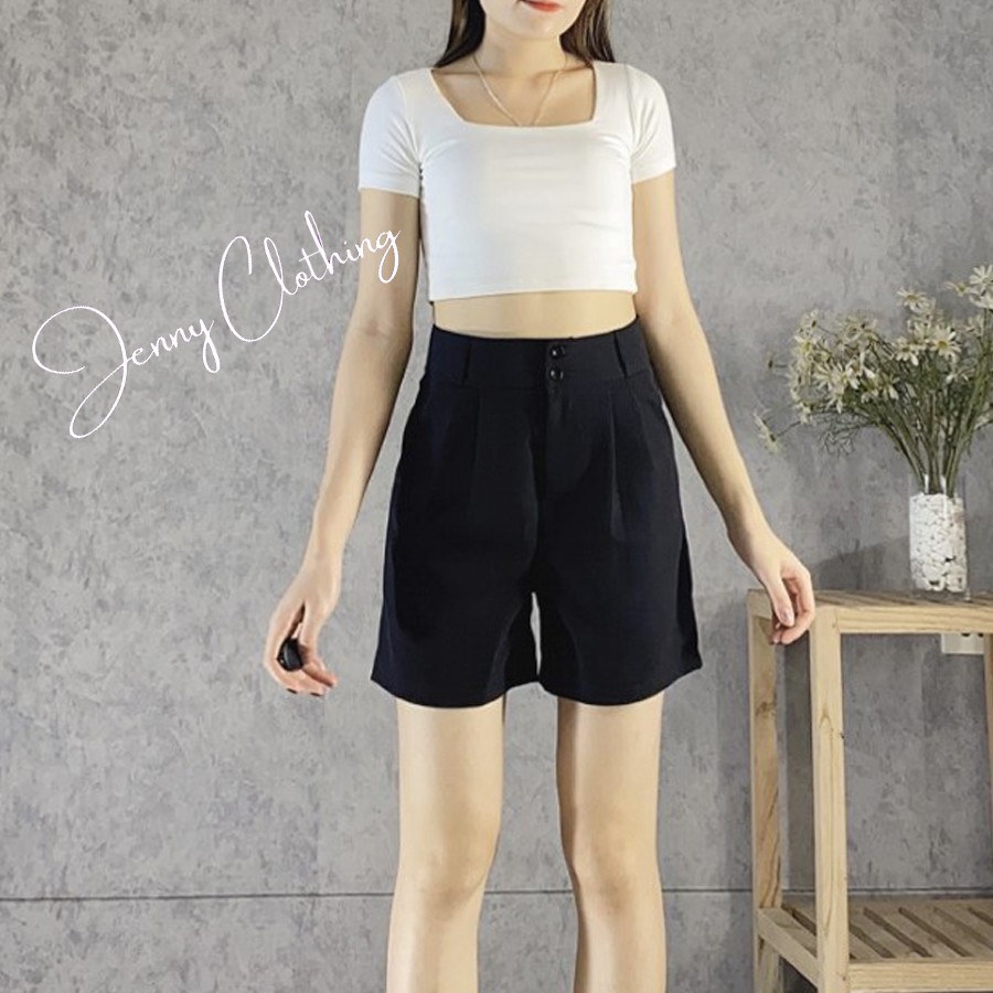 Quần short nữ ống rộng cạp lưng siêu cao phối 2 khuy cài - Màu Đen Tím - Vải mềm - Form rộng mặc lửng ngắn ngang gối