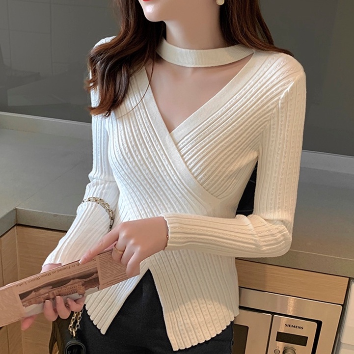 【ZHELIHANGFEI】Áo Dệt Kim Tay Dài Thiết Kế Cổ Chữ V Quyến Rũ