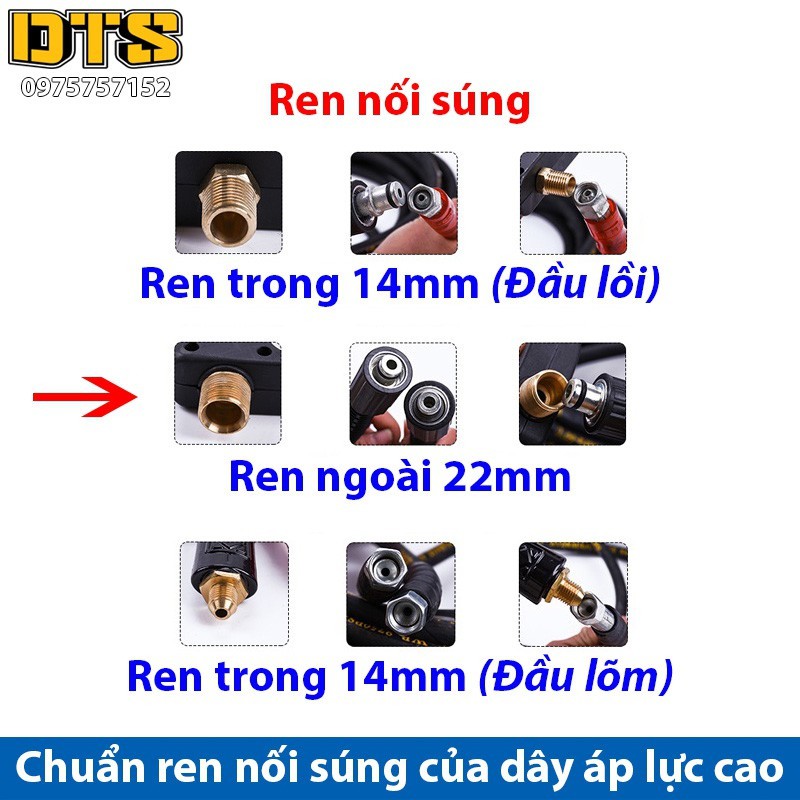 15m Dây rửa xe cao áp cho máy xịt rửa áp lực - Ren trong 22mm