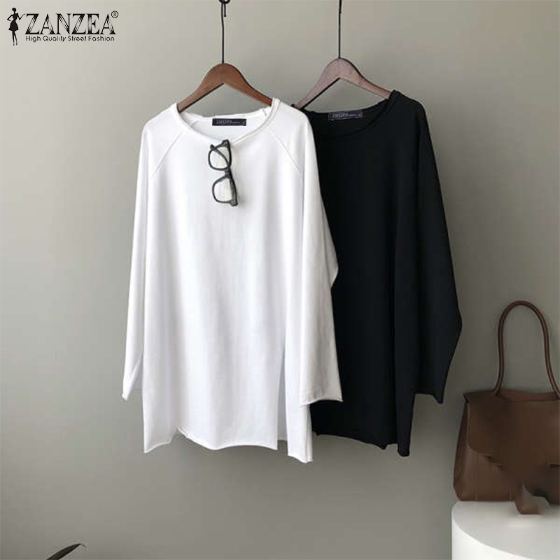 Áo kiểu ZANZEA dài tay cổ tròn xẻ tà thiết kế thời trang cho nữ