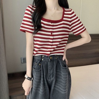 Áo Dệt Kim Ngắn Tay Cổ Vuông Họa Tiết Sọc Ngang Thời Trang Cho Nữ