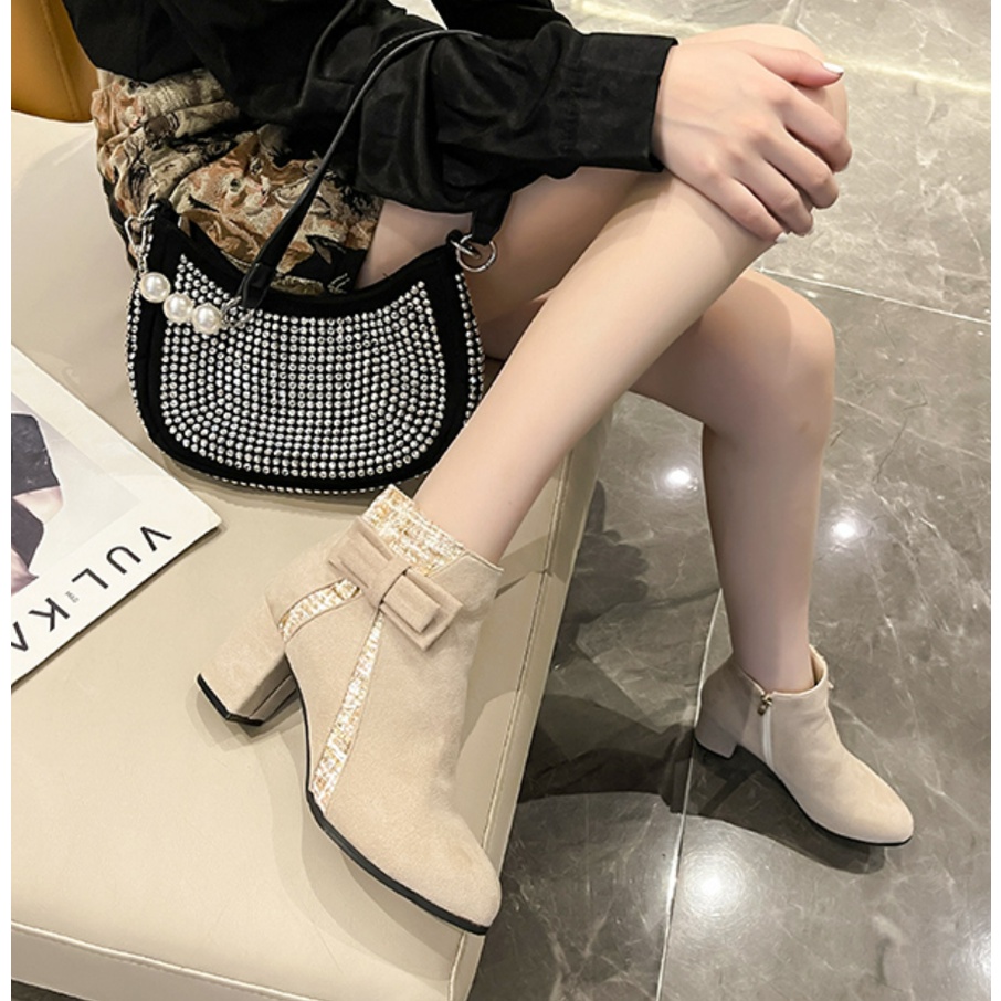 Boot Nữ Cao Gót 6 Phân Đính Nơ Kéo Khoá Mũi Tròn Phong Cách Hàn Quốc