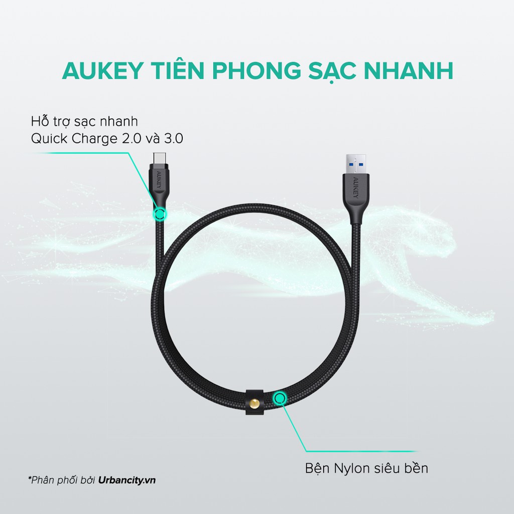 Cáp Sạc Type-C Aukey CB-AC2 Siêu Bền Siêu Bền Dài 2 Mét Chống Rối Toàn Diện