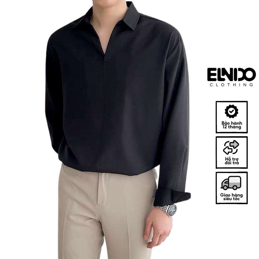 Áo sơ mi nam dài tay ELNIDO Dáng Rộng Phong Cách Hàn Quốc kiểu Cổ chữ V sang xịn chất vải lụa mềm mịn ELD-003
