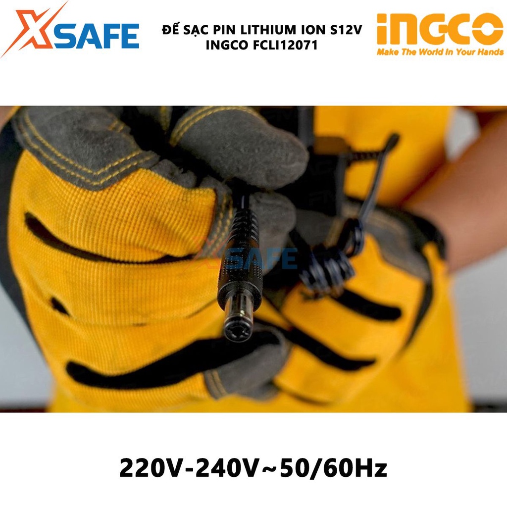 Đế sạc S12V INGCO FCLI12071 Sạc pin Lithium-Ion, điện thế sạc 220-240V, thời gian sạc 2h, đóng gói hộp màu chắc chắn