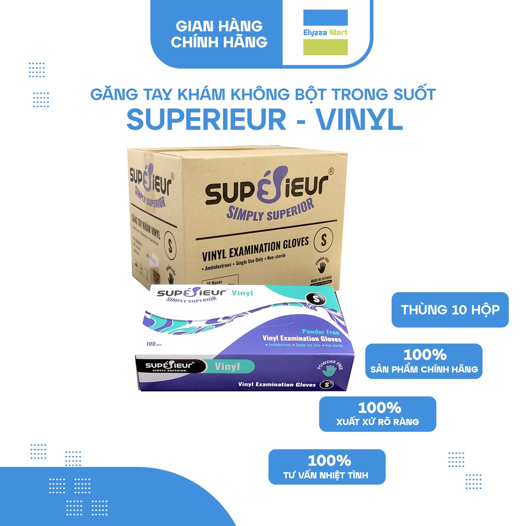 Thùng 10 Hộp Găng Tay Y Tế Không Bột Vinyl Superieur Trong Suốt